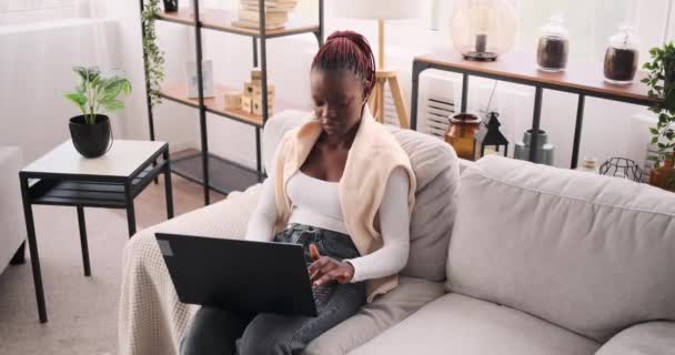 Dizüstü bilgisayarda yazan kadın koltukta oturuyor. — Stok video