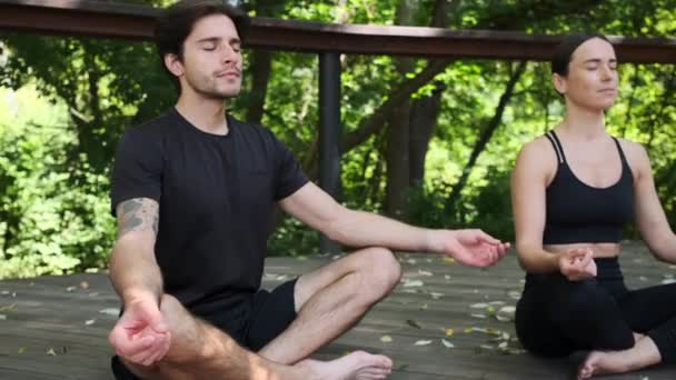 Paar zittend in lotus yoga pose met gesloten ogen — Stockvideo