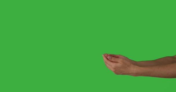 Kobieta pokazuje otwartą dłoń nad zielonym ekranem — Wideo stockowe