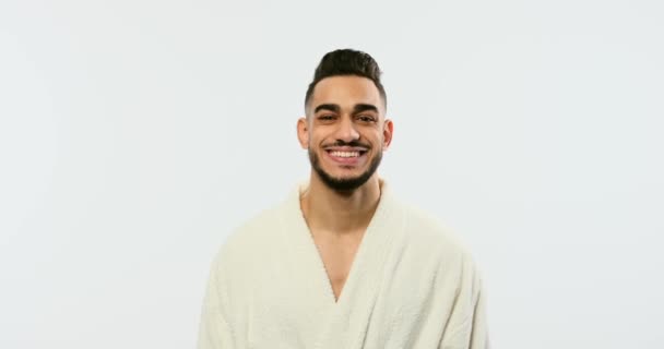 Young man in bathrobe with arms crossed — Video Stock
