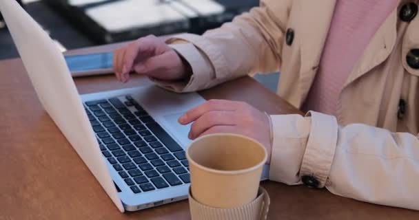 Kobieta interesu pisania na laptopa i picia kawy — Wideo stockowe