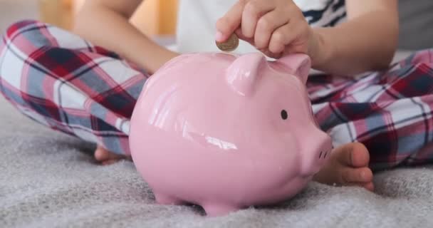 Junge steckt Münze in Sparschwein — Stockvideo