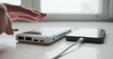 USB kablosuyla güç bankasını cep telefonuna bağlayan kadın