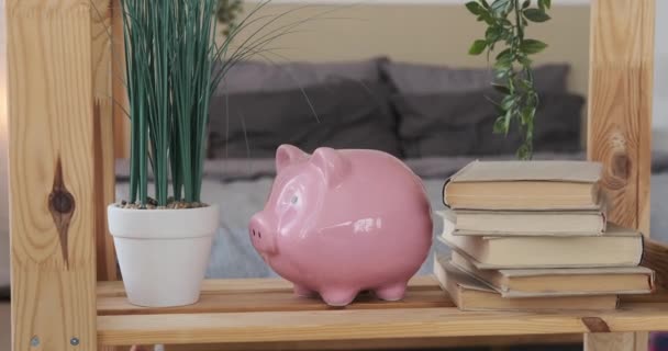 Chłopiec wkładając monety do piggy bank — Wideo stockowe