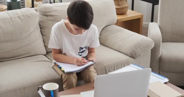 Jongen met behulp van laptop en schrijven in boek thuis — Stockvideo