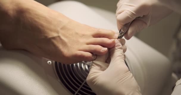 Pedicurist cięcia naskórek na paznokciach stóp kobiety — Wideo stockowe