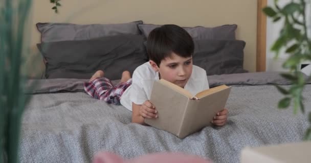 Fiú egy könyvet az ágyban olvas — Stock videók
