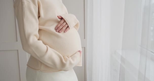 Mujer embarazada acariciando su vientre en casa — Vídeo de stock