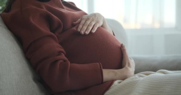 Mujer embarazada acariciando su vientre en el sofá — Vídeos de Stock