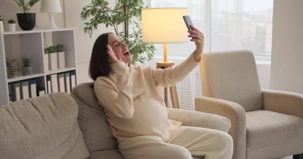 Video donna incinta che chatta sul telefono cellulare a casa — Video Stock