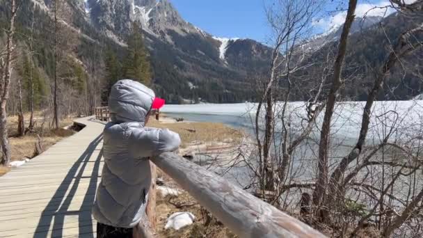 Αγόρι κοιτάζοντας τη θέα του δάσους και του χιονιού που καλύπτεται βουνό — Αρχείο Βίντεο