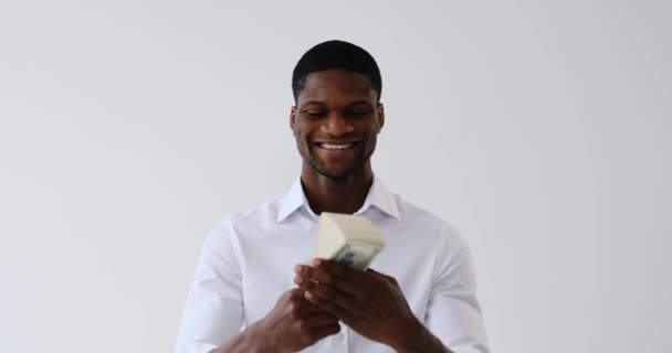 Young African American Businessman Holding Lots Money Hand White Background — Video