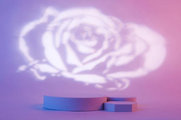 ピンクと青の背景の組み合わせは 製品の商業のための白いバラの形の後ろに ストック写真
