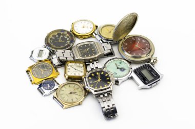 Different watches on a white background