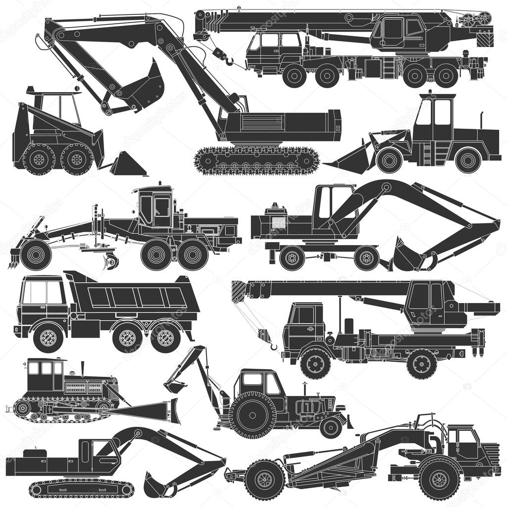 Set of silhouettes of construction machinery