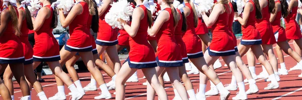 High School Cheerleaders Wearing Red White Uniforms Cheering While Holding — Stock Photo, Image