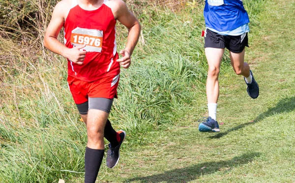 High School Boys Racing Cross Country Grass Field Downhill Bowdion — Zdjęcie stockowe