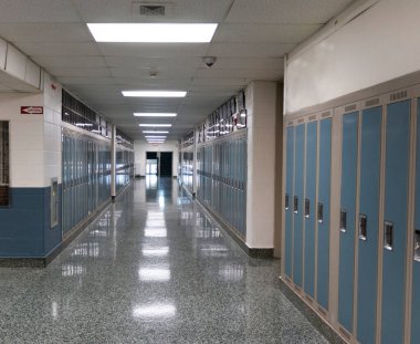 Amerikan Lisesi 'nin içinde dolaplarla dolu bir koridora bakıyor..