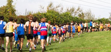 Wappingers Falls, New York, ABD - 16 Ekim 2021: Bowdoin Park 'ta yokuş yukarı koşan bir çim tarlasında kalabalık bir liseli çocuk 5K kros yarışı manzarası.