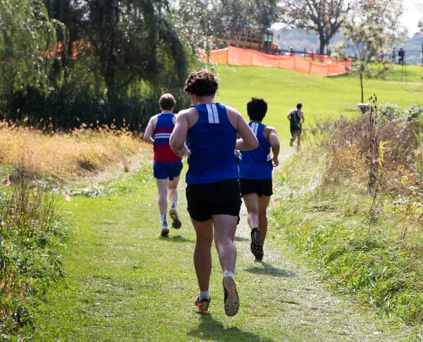 Visão Traseira Meninos Ensino Médio Correndo Parque Bowdoin Campo Grama — Fotografia de Stock