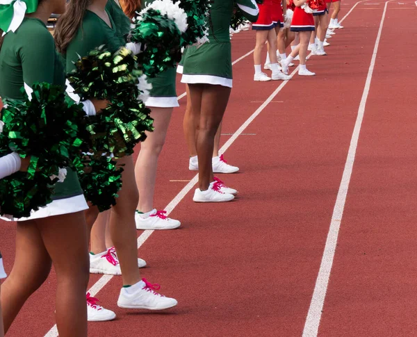 Side View Two Cheerleading Squads Standing Sideline Cheering Teams High — Stock Photo, Image