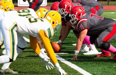 Two high school teams lare ined up to start a play during a game on a green turf field.