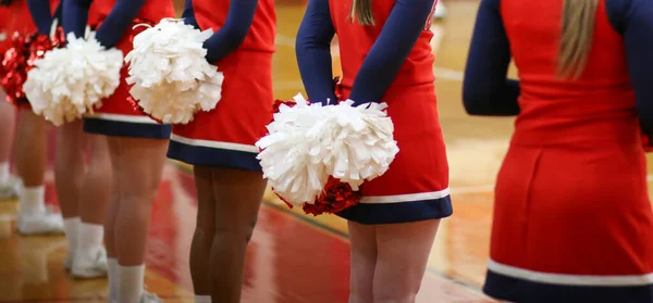 Horizontl Picture Cheerleaderes Pom Poms Backs While Watch Teams Basketball — Stock Photo, Image