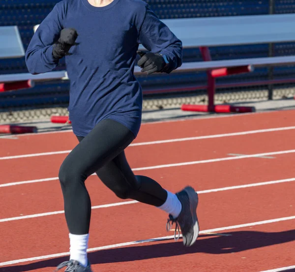 Close High School Girl Running Fast Track Long Sleeved Shirt — Fotografia de Stock