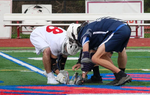 Two Boys Ready Face High School Lacrosse Game Turf Field — Photo