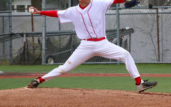 Side View High School Baseball Pitcher Pitching Game — Stock Fotó