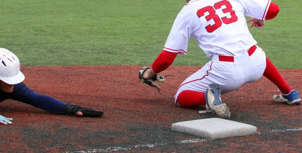 Baseball Player Head First Sliding Third Wearing Sliding Gloves Third — Zdjęcie stockowe