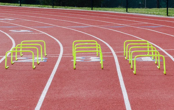 Three Rows Yellow Mini Hurdles Set Red Track Runners Agility — Fotografia de Stock
