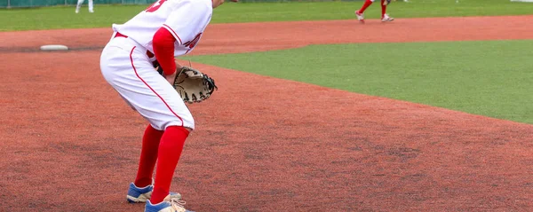 Baseball Harmadik Védő Készen Áll Hogy Pályán Labdát Játék Közben — Stock Fotó