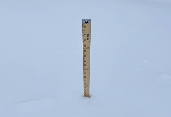 Двор застрял в девятнадцати дюймах снега уменьшая количество снега на земле после снежной бури.