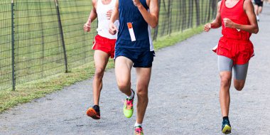 Üç liseli kros koşucusu son düzlükte çitin yanındaki çakıllı yolda birbirleriyle yarışıyorlar..