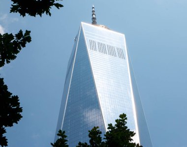 New York City, New York, ABD - 28 Temmuz 2021: Güneşli bir günde New York 'taki Freedome Kulesi' nin tepesindeki ağaçların arasına bakmak.