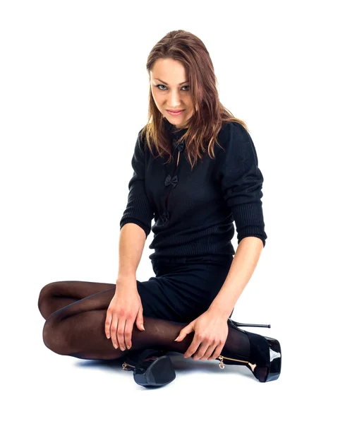 Black dressed sitting female — Stock Photo, Image