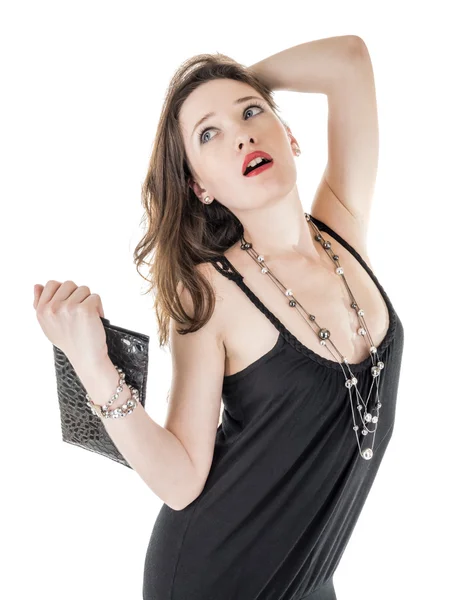 A pretty female with her purse and necklace — Stock Photo, Image