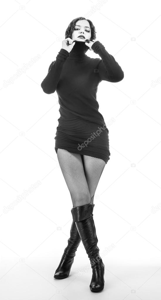 black dress black tights black boots