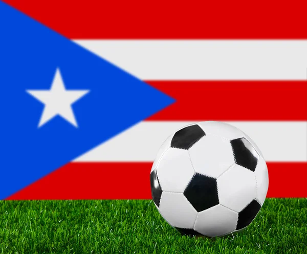 Flag and soccer ball on the green grass. — Stock Photo, Image