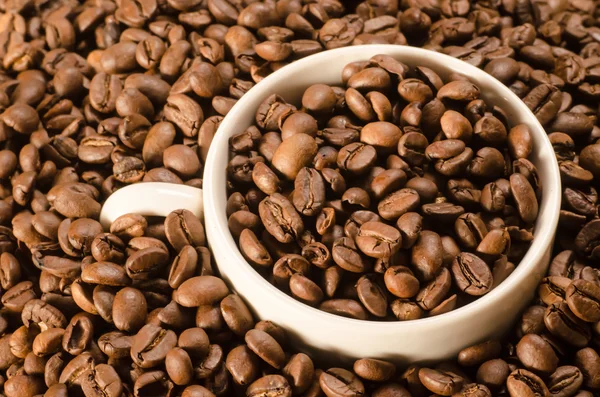 Taza blanca de café en frijoles . — Foto de Stock