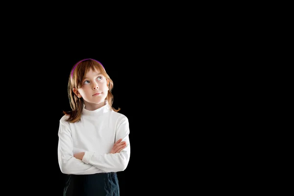 Menina perguntando e olhando para cima — Fotografia de Stock