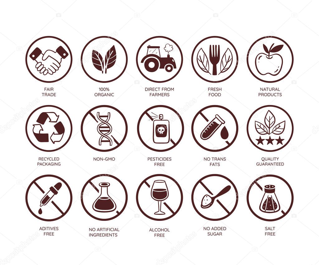 Food quality icon set. Qualities of food and their production. Free harmful substances. Fresh and natural products. Hand drawn vector icons.