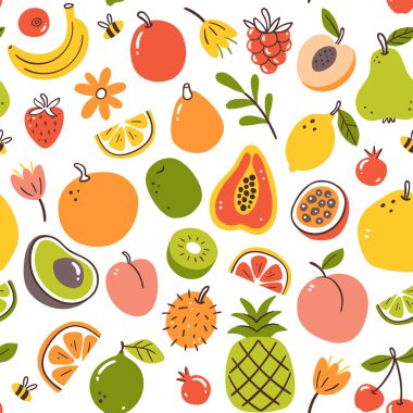Colorful spring seasonal fruits seamless pattern. Isolated fruits on white background. Vector illustration.