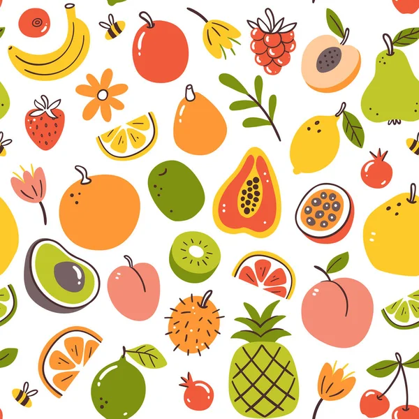 Colorful Spring Seasonal Fruits Seamless Pattern Isolated Fruits White Background — Vetor de Stock