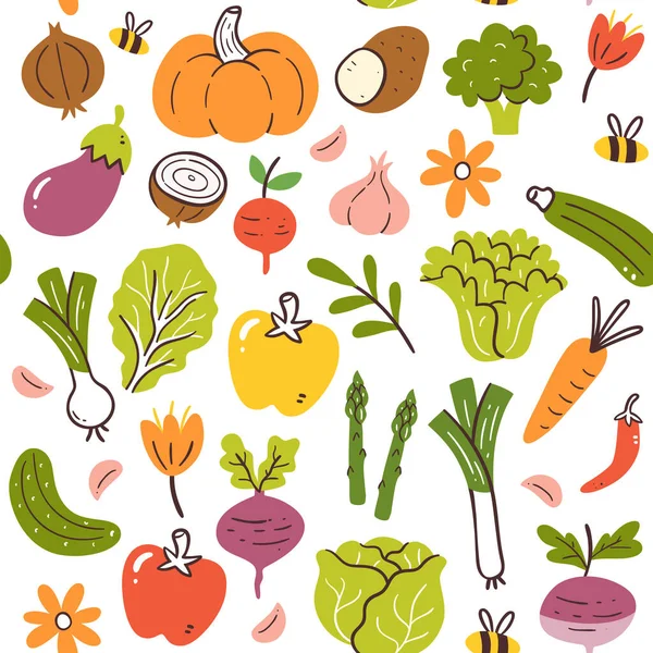 Colorful Spring Seasonal Vegetables Seamless Pattern Isolated Vegetables White Background — Wektor stockowy