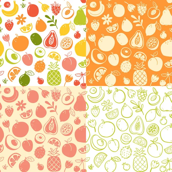 Spring Seasonal Fruits Seamless Pattern Collection Colorful Flat Silhouette Doodle — Stock Vector