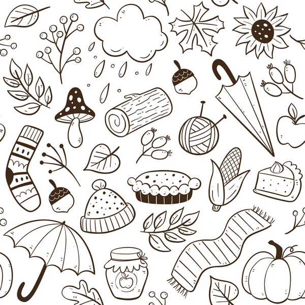 Doodle Autumn Seamless Pattern Hand Drawn Seasonal Elements Isolated White — Stock Vector