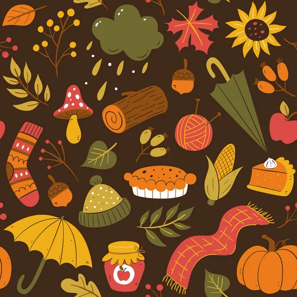 Renkli sonbahar pürüzsüz deseni. Koyu arkaplanda elle çizilmiş mevsimlik elementler. Vektör illüstrasyonu.