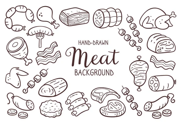 Sfondo Carne Disegnato Mano Pezzi Carne Prodotti Base Carne Ingredienti — Vettoriale Stock